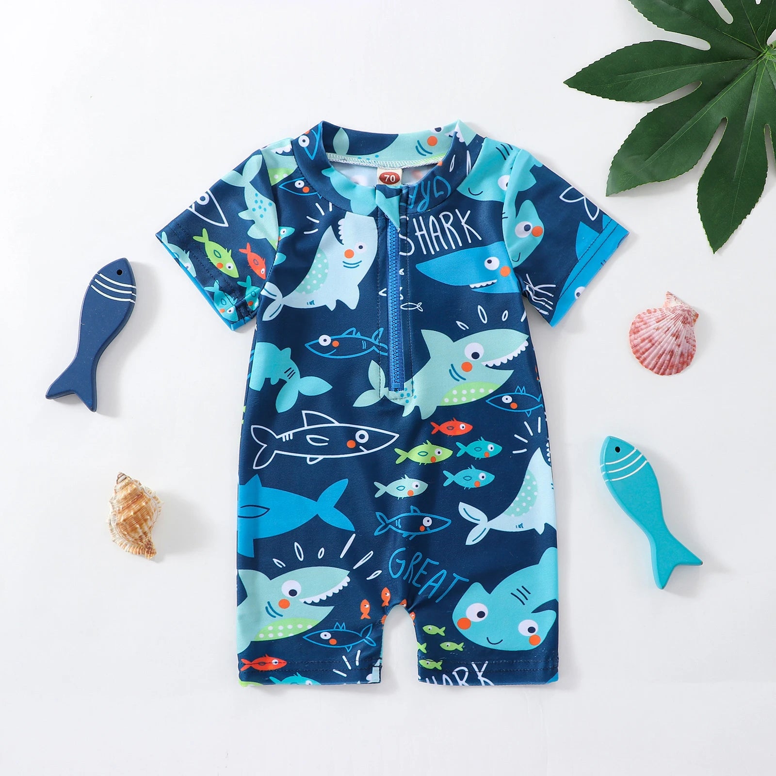 男の子用 サメ柄ラッシュガード水着(半袖・ジッパー付き・夏用ベビー水着)