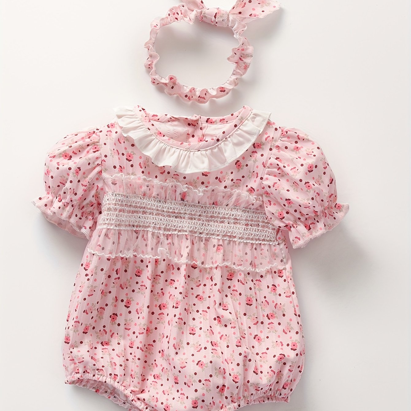 女の子用 夏ベビー服2点セット(花柄ロンパース+ヘアバンド・フリル袖・ポリエステル)
