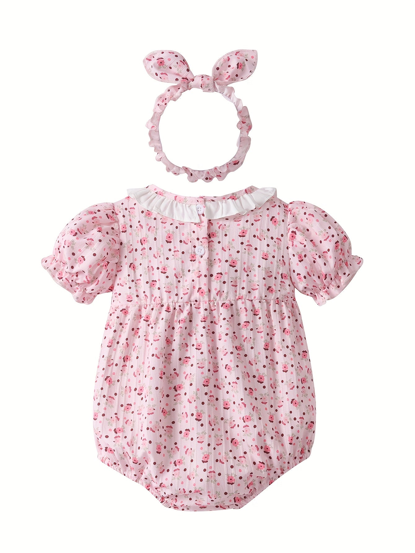 女の子用 夏ベビー服2点セット(花柄ロンパース+ヘアバンド・フリル袖・ポリエステル)
