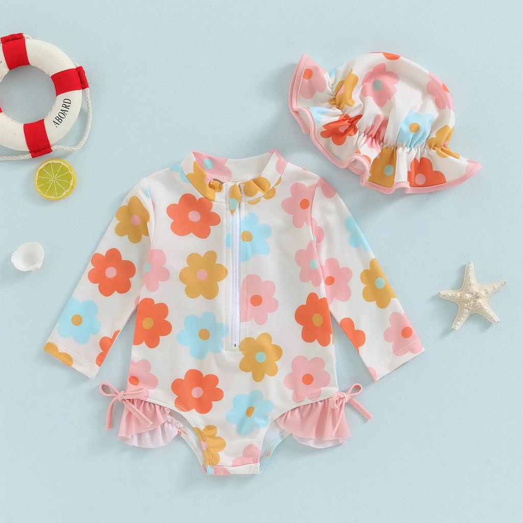 女の子用 夏ベビー水着セット（ラッシュガード・花柄・ジッパー付き・サンハット付き・ビキニ風）