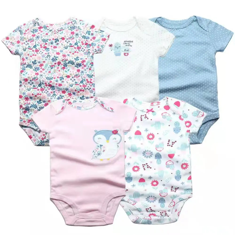 男女兼用 新生児用ボディスーツ3〜5枚セット（綿100％・半袖・かわいいキャラクター柄・0〜24ヶ月）