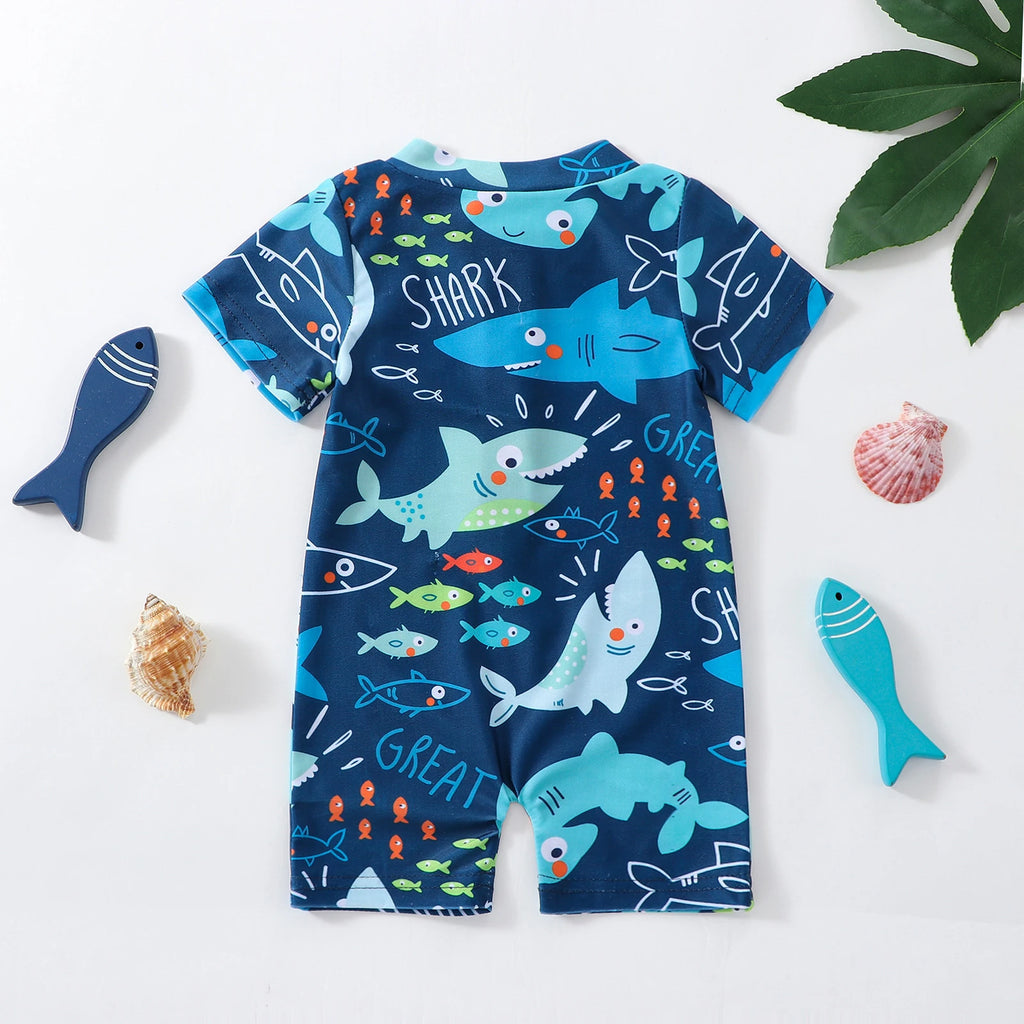男の子用 サメ柄ラッシュガード水着（半袖・ジッパー付き・夏用ベビー水着）