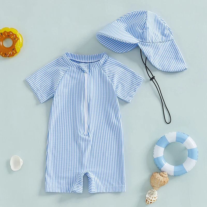 男の子用 夏用ストライプ水着セット（半袖・ラッシュガード・ジッパー付き・帽子セット）