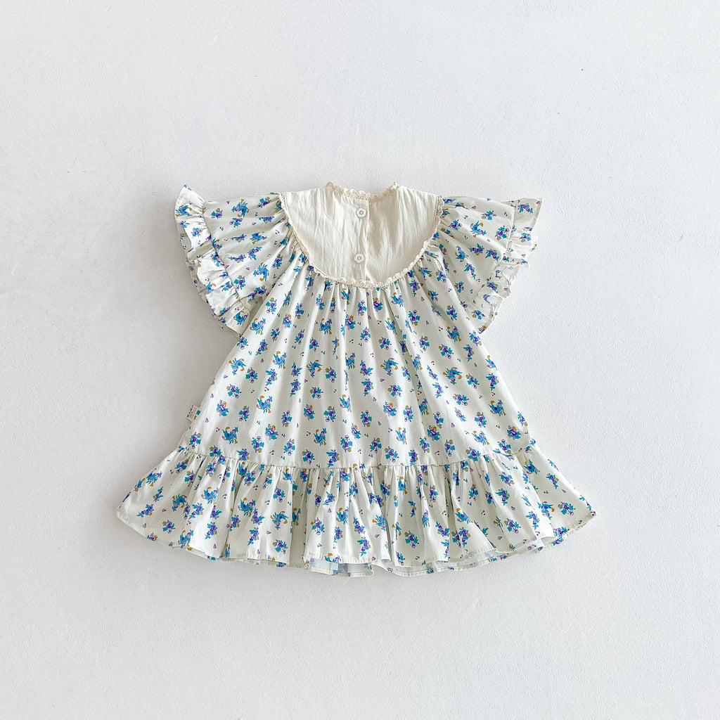 女の子用 夏フライングスリーブワンピース（リボン刺繍・花柄・カジュアル）