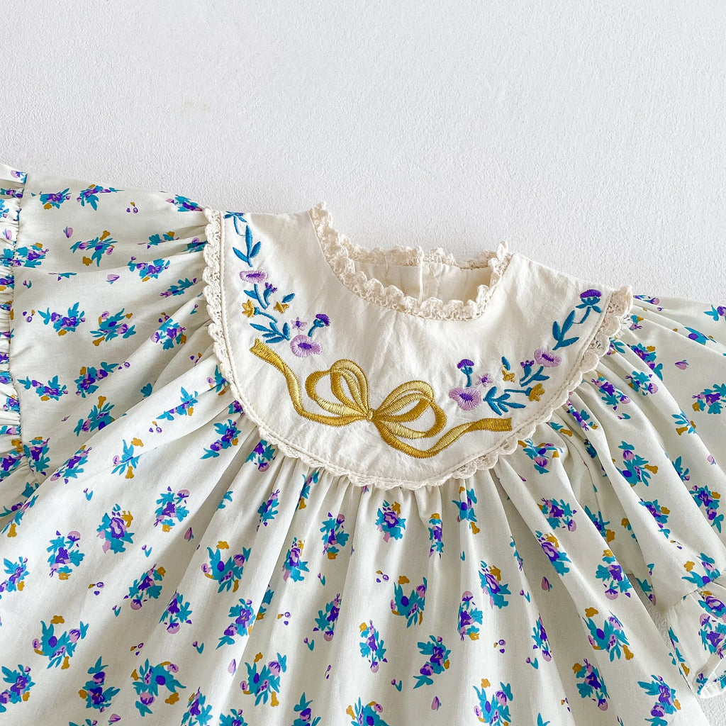 女の子用 夏フライングスリーブワンピース（リボン刺繍・花柄・カジュアル）